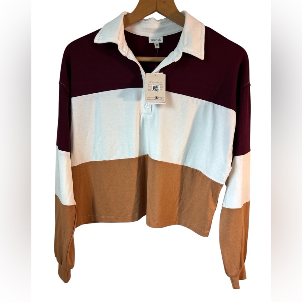 NWT Self Esteem Crop Rugby Long Sleeve Striped Burgundy Prep School Academia XS